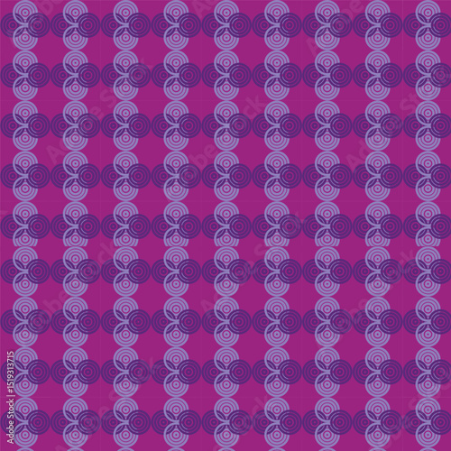 A purple and magenta pattern with repeating floral and spiral elements arranged in vertical rows design style