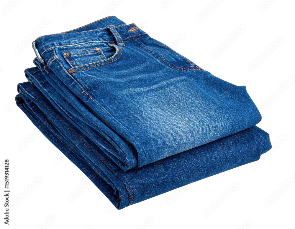 A neatly folded pair of blue denim jeans showing pockets and stitching details. A neatly folded pair of blue denim jeans showing pockets and stitching details.