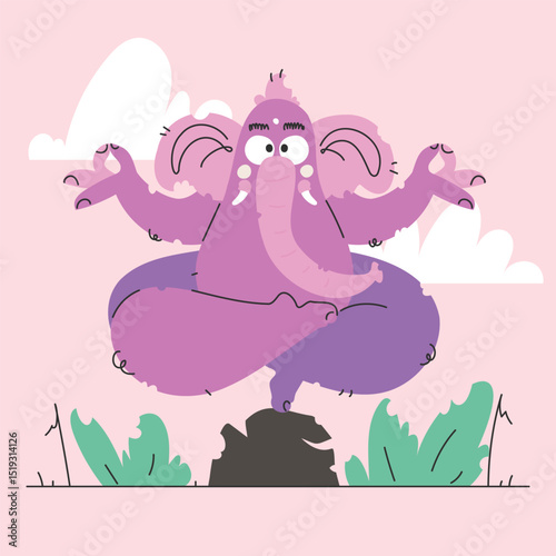 Cartoon Ganesha in Yoga Pose, Meditating Against a Peaceful Pink Background