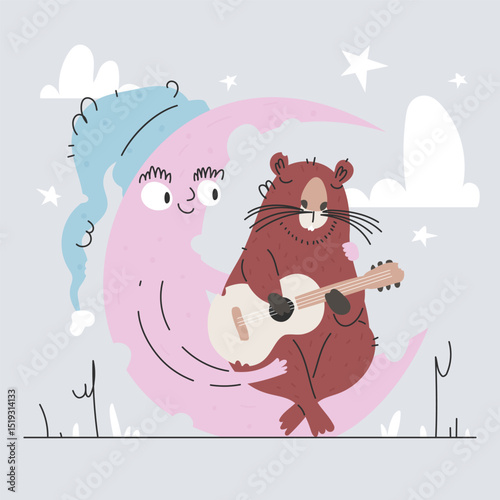 Sweet Dreams Serenade. A Cute Beaver Playing Guitar on a Moon with Sleeping Moon.