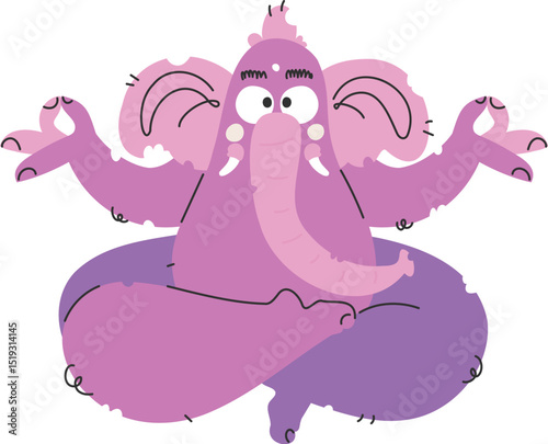Cartoon Elephant in Meditation Pose, Purple and Pink Colors, Fun and Whimsical.