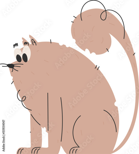 Anxious Cat Sitting with Curled Tail, Big Eyes, and Funny Expression, Cartoon Style.