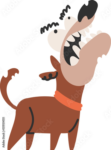 Cartoon Vector Illustration of Brown Dog with Orange Collar Barking Loudly.