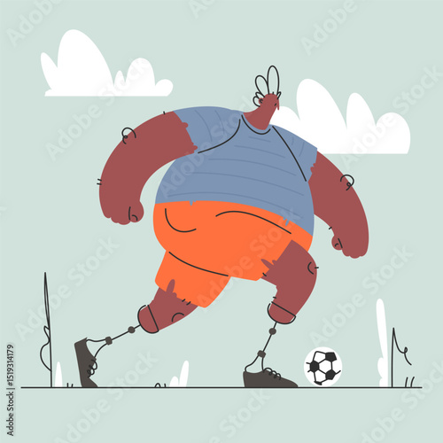Adaptive Athlete. A Footballer with Prosthetic Legs Playing in the Park.