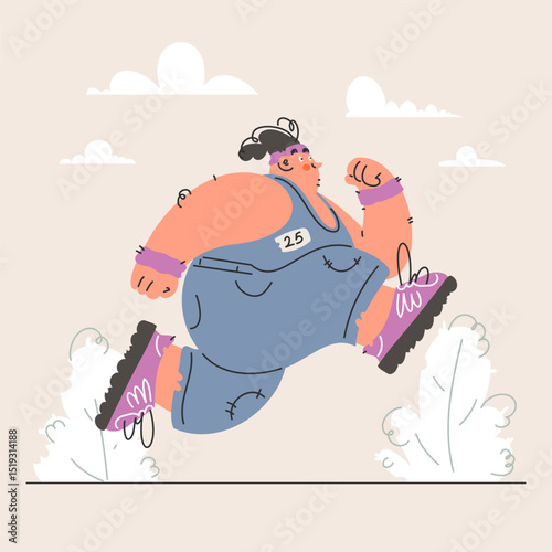 Woman running in overalls with number 25, enjoying exercise and a healthy lifestyle.