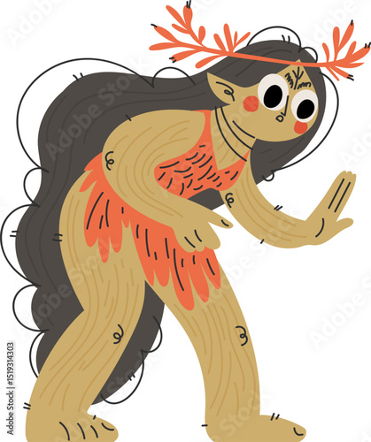 Forest Spirit with Antlers and Long Hair Offering Stop Gesture, Cartoon Illustration.