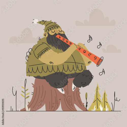 Forest Troll Playing a Flute, Cartoon Illustration of Woodland Creature.