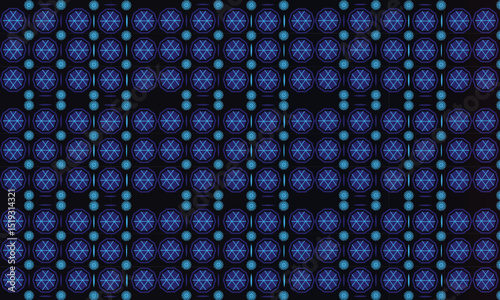 Abstract geometric pattern featuring repeating hexagons and decorative circular elements in blue tones.