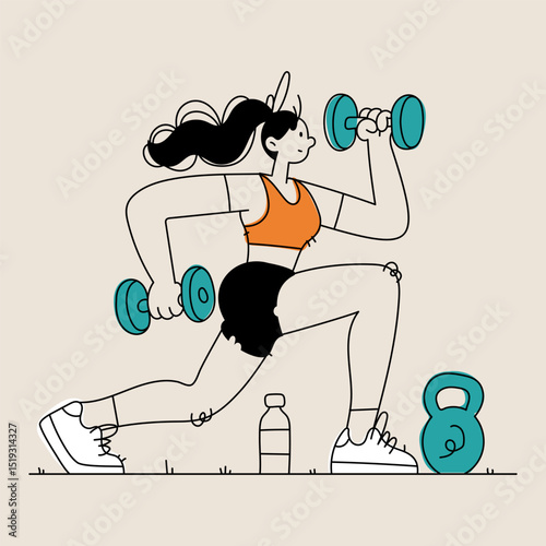 Woman doing lunges with dumbbells, sports bra, and a water bottle, cartoon art.
