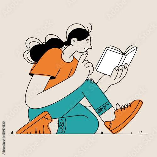 Cartoon Young Woman Reading a Book and Thinking, Sitting on the Floor, Vector