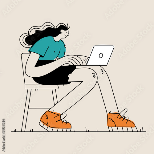 Girl working on laptop, remote work, freelance work illustration, modern style.