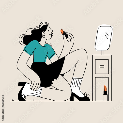 A woman putting on lipstick in front of the mirror, in a modern flat illustration.