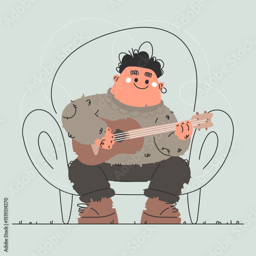 Cartoon Man Playing Guitar in Armchair, Relaxing and Enjoying Music at Home.