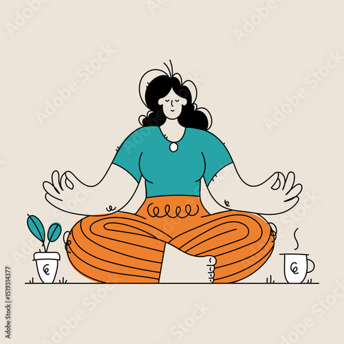 Woman in Lotus Position. A Cartoon Illustration of Mindfulness and Relaxation.