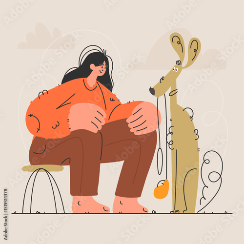 Girl and Dog, a moment of connection, a cartoonstyle illustration of friendship.