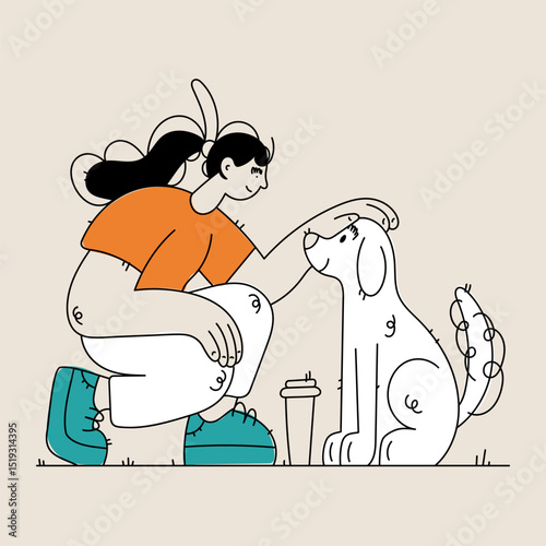 Woman Petting Dog with Coffee Cup. A Moment of Connection and Relaxation.
