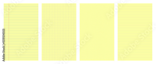 Set of yellow notepad paper. Yellow lined legal pad, grid pages, dotted blank templates for writing, design use.