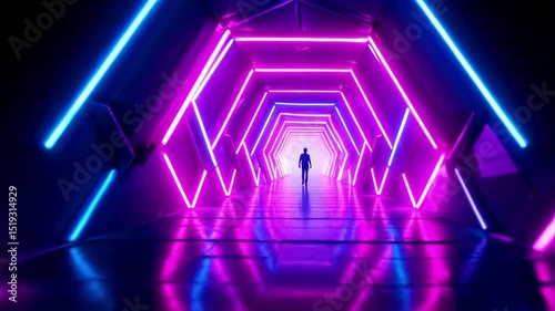 neon purple blue glowing tunnel with human silhouette perspective