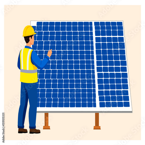 Vector illustration of an engineer wearing a hard hat inspecting a solar panel. Concept of renewable energy, sustainability, and green technology.