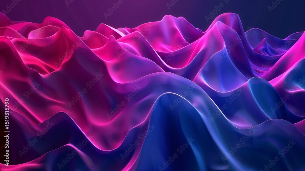 Fototapeta premium Abstract background with flowing waves of pink and purple colors on dark blue gradient, 3d rendering