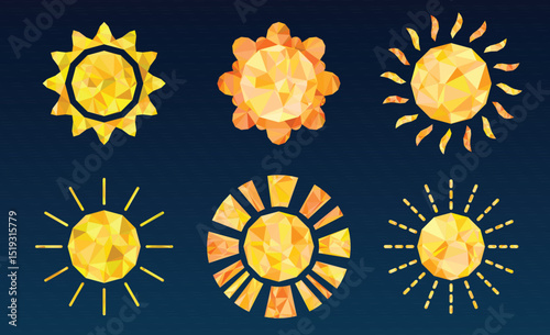 Geometric Sun Vector Set, Low Poly Style