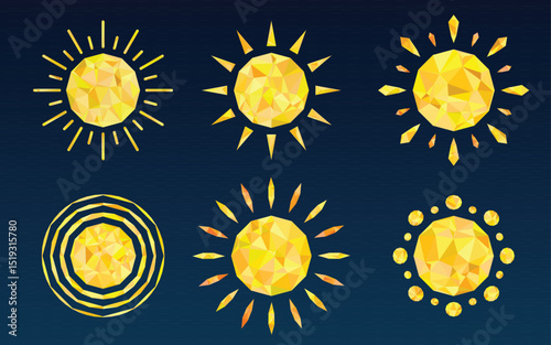 Sun Icons, Polygonal Style, Vector Illustration