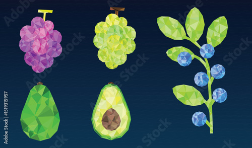 Low Poly Fruits Set, Vector Illustration on Dark Blue Background.