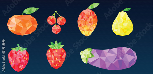 Low Poly Fruits and Vegetables Vector Illustration.