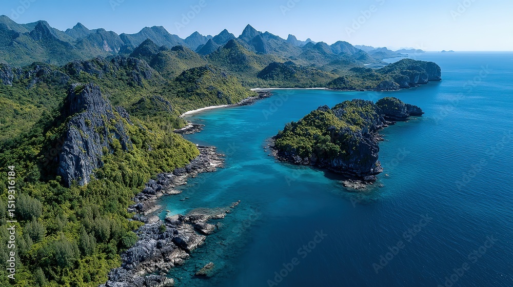 Fototapeta premium Lush tropical coastline with turquoise waters and rocky islands.