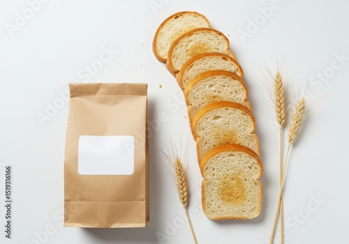 Sliced bread with paper bag and wheat stalks arrangement
