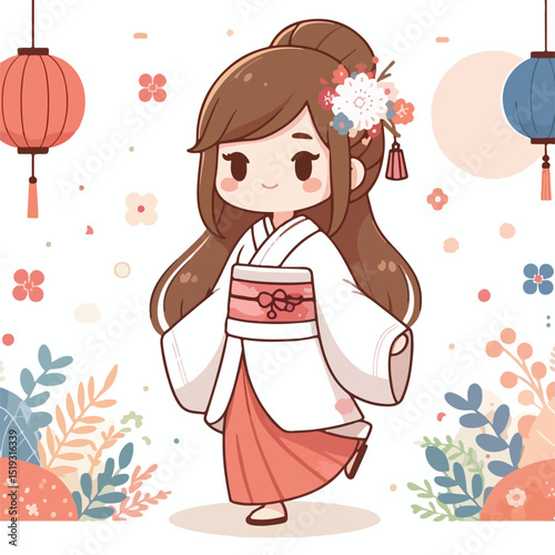 vector of a woman wearing kimono (traditional Japanese clothing)