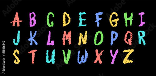 English alphabet hand-drawn in a crayon. Capital colorful letters in chalk, pastel, or wax style. Highlighter effect on white board for kindergarten drawing and learning. Cartoon vector illustration.