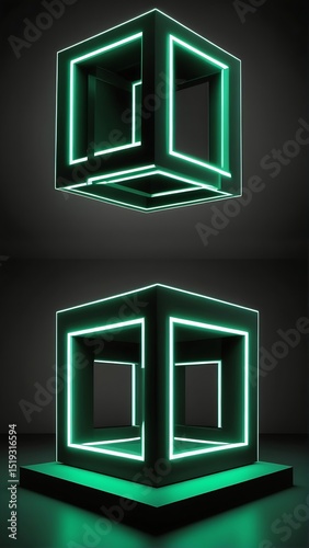 Floating and grounded neon cubes abstract 3d render