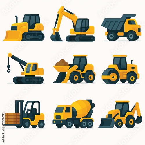 illustration of a yellow heavy equipment vehicles set