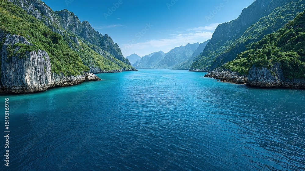 Obraz premium Tranquil ocean waters between dramatic, green-covered cliffs.
