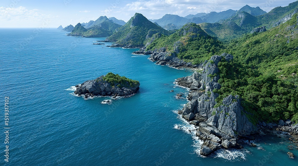 Fototapeta premium Lush coastal landscape with islands and mountains.