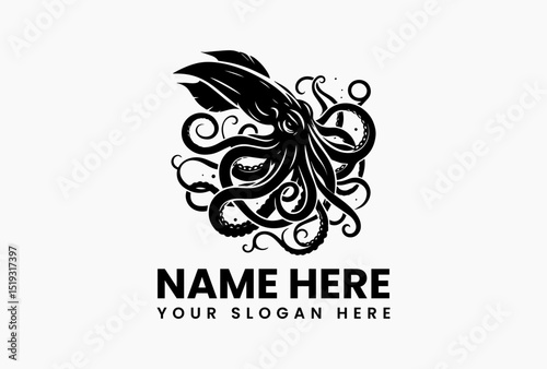Intricate black octopus design with swirling tentacles on a clean white background. Marine life concept