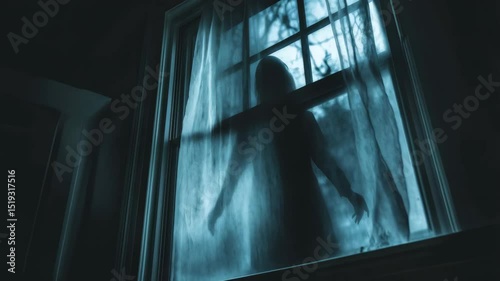 Blurred ghost silhouette in bedroom window at night horror scene