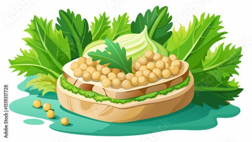 Mashed chickpeas with vegan mayo, celery, onions, and lettuce between soft sandwich bread, shown on white with vibrant greens and texture popping in a fresh, healthy composition.