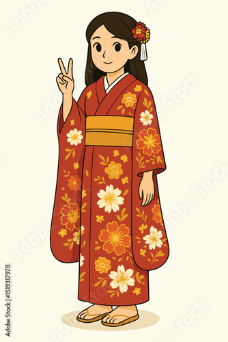 vector of a woman wearing uchikake (traditional Japanese clothing) gracefully