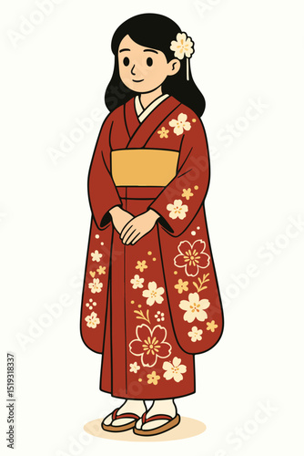 vector of a woman wearing uchikake (traditional Japanese clothing) gracefully
