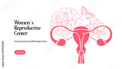 Uterus with flowers line vector illustration. Care of female health, fertility, reproductive system. Minimal design poster.