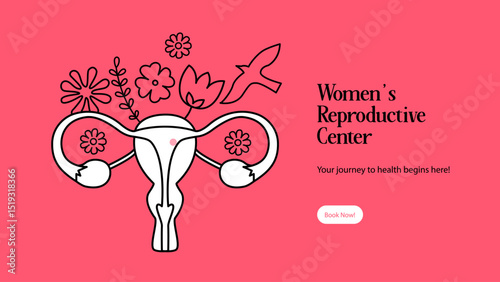 Uterus with flowers line vector illustration. Care of female health, fertility, reproductive system. Minimal design poster.