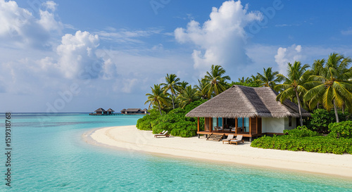 Luxury beachfront villa with a thatched roof surrounded by lush tropical palm trees and greenery, sitting on pristine white sand along the crystal-clear turquoise shoreline of a tropical island