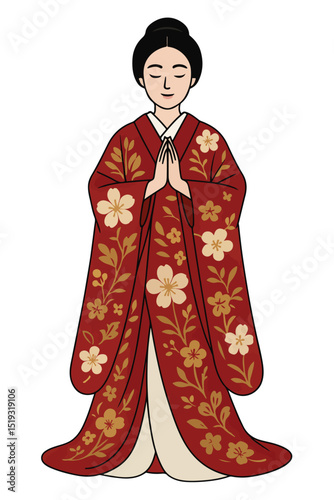 vector of a woman wearing uchikake (traditional Japanese clothing) gracefully