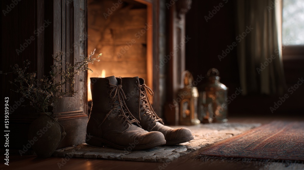 Obraz premium Worn Boots Resting by the Cozy Fireplace in a Grandmother's Warm Living Room Setting