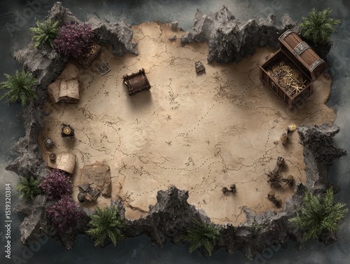 Detailed Pirate Treasure Map Layout Featuring X Marked Locations and Rich Background Elements