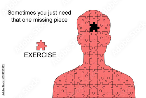 Meme about exercise and fitness for physical wellbeing. Person with one missing piece. Humor for social media.