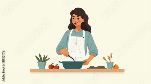Woman Cooking in Kitchen - Vector Illustration
