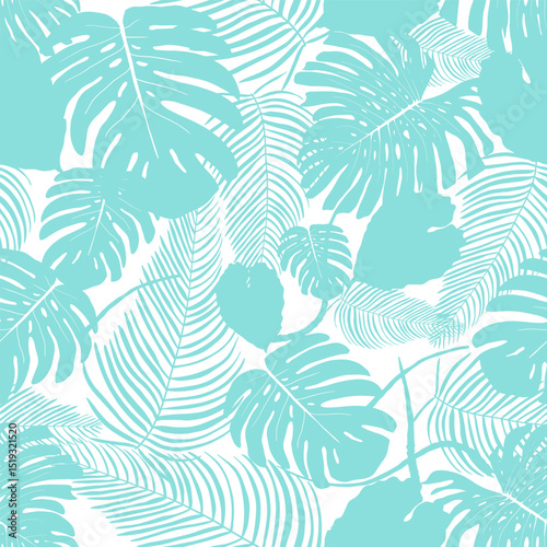 Tropical plant seamless pattern. Vector graphic print with exotic rainforest flora. Fashion print seamless turquoise white texture.